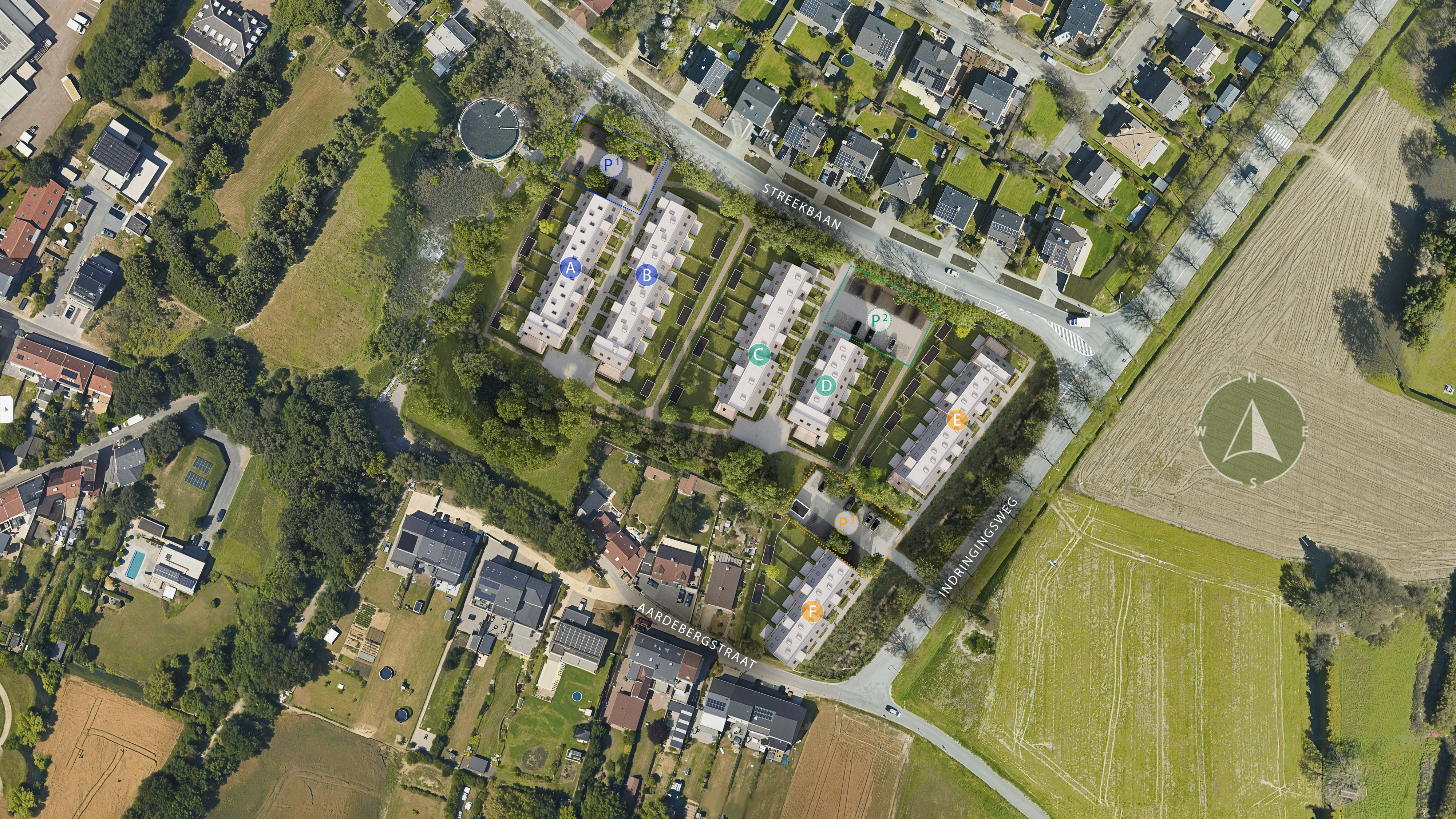 Bovenaanzicht van het woonproject in Vilvoorde, met gebouwen A tot en met F en parkeerzones P1, P2 en P3.